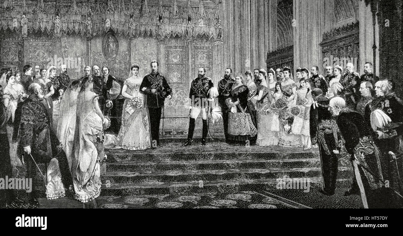Victoria I (1819-1901), Queen of the United Kingdom of Great Britain and Ireland (1837-1901) and Empress of India,  (1876-1901), at the wedding of the Prince Leopold, Duke of Albany with the Princess Helena of Waldeck Pyrmont, April 27, 1882. Engraving by A. Closs from the painting of Sir James D. Linton. Almanaque de La Ilustración, 1880. Stock Photo