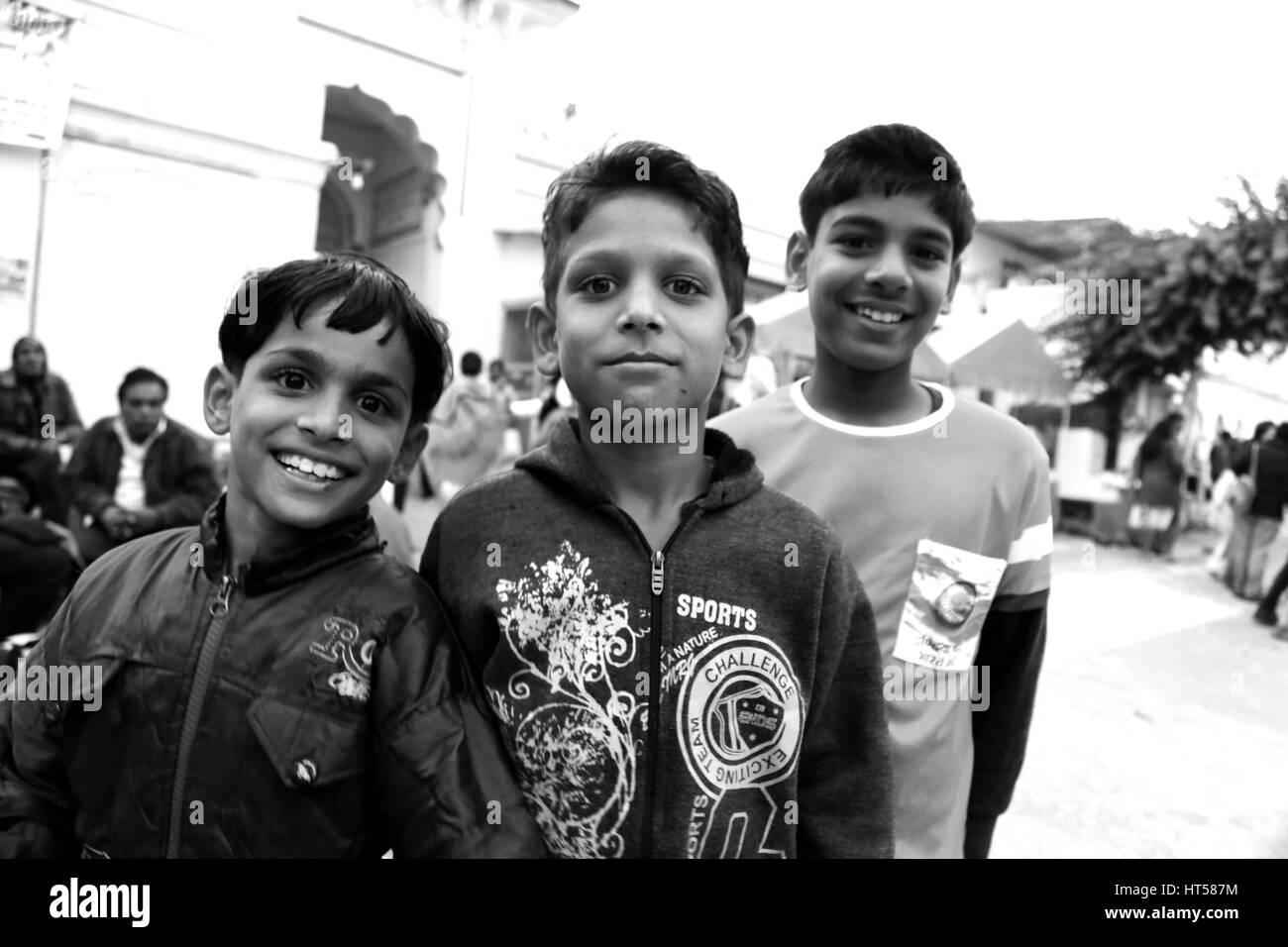 portrait of Group of children smiling. black and white. India Stock Photo