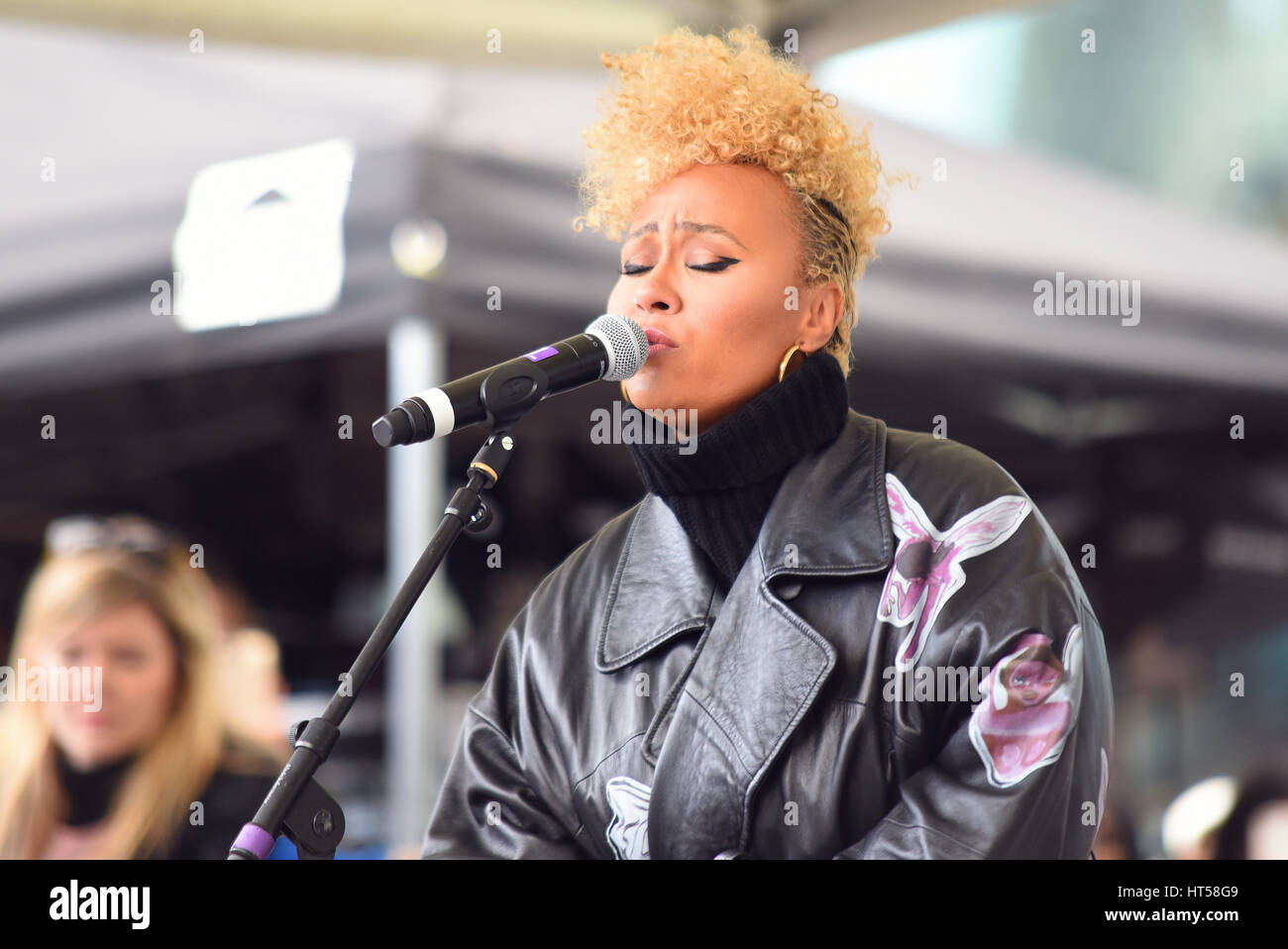 Emeli Sande singing at the March 4 Women on International Womens Day, organised by CARE International and held in The Scoop, City Hall, London Stock Photo