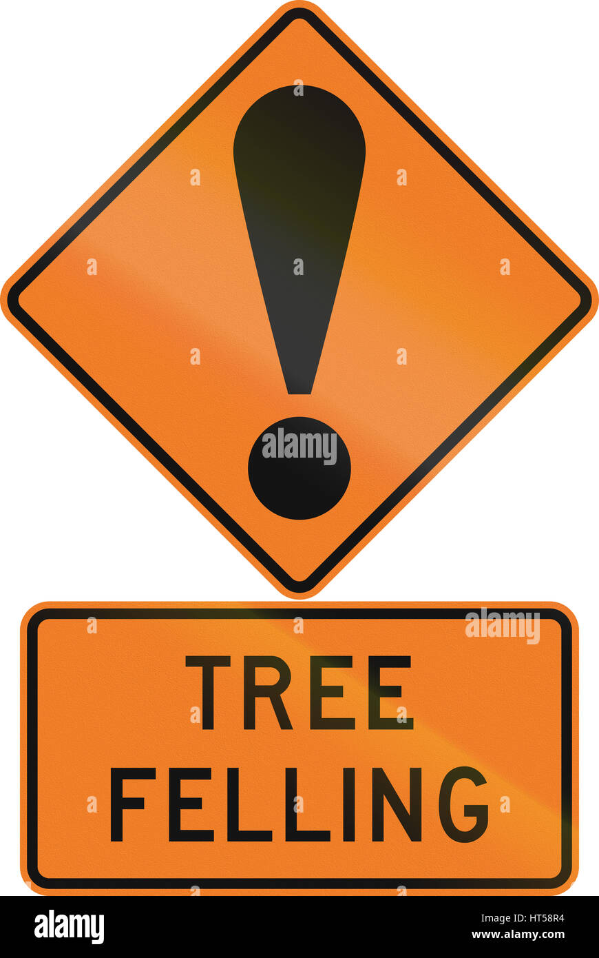 Road sign assembly in New Zealand - Tree felling. Stock Photo