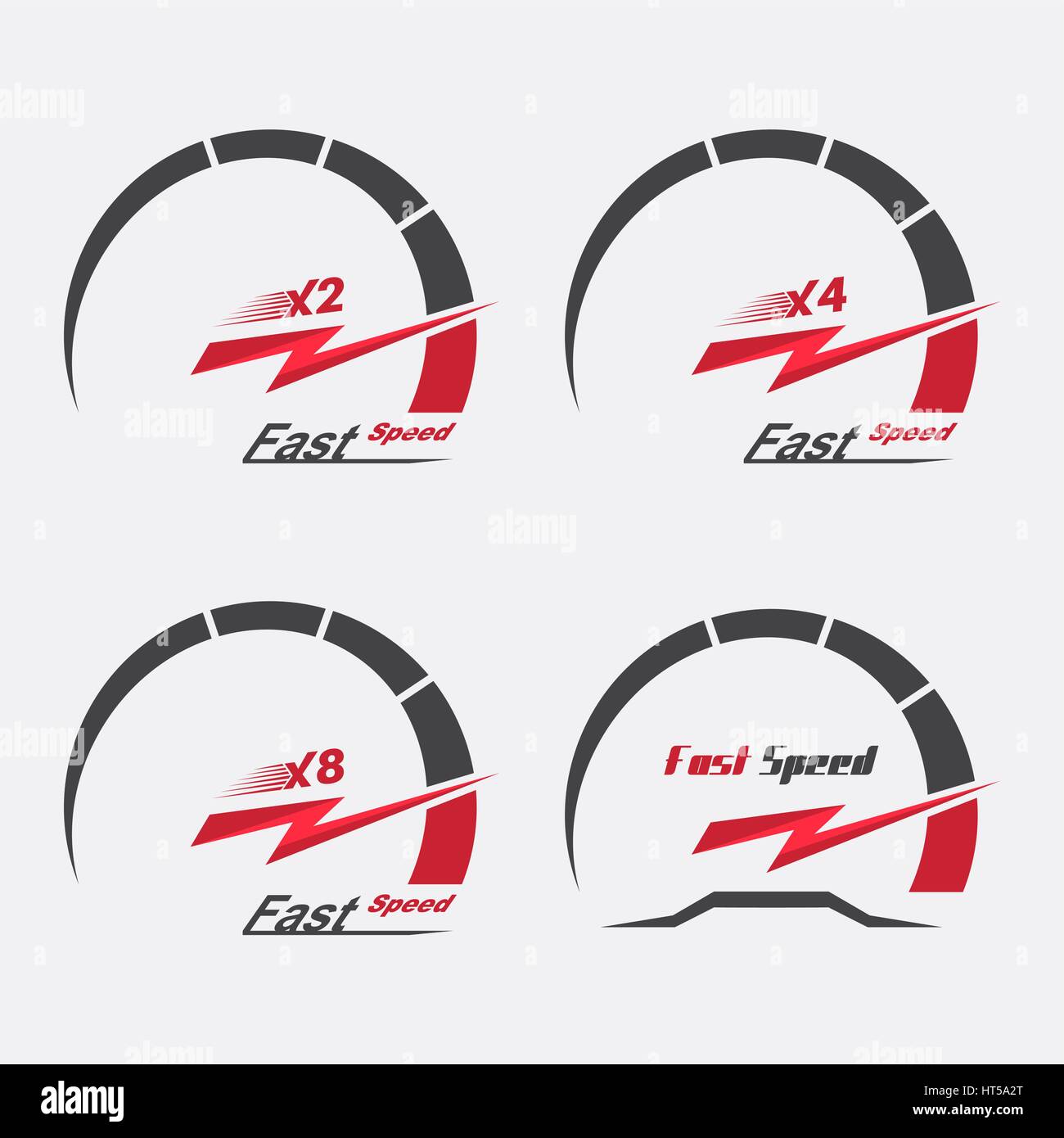 Set of four speedometer scale. Concept of speed and acceleration. Vector element of graphic design Stock Vector