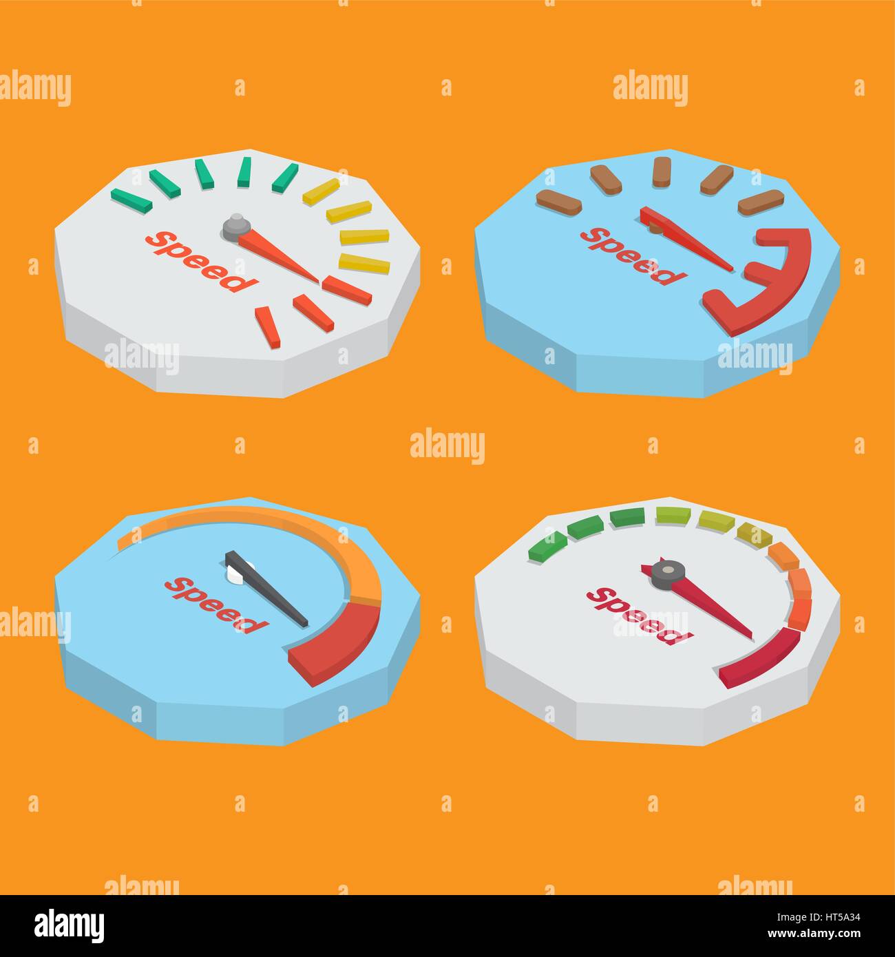 Set of four isometric speedometer scale. Concept of speed and acceleration. Vector element of graphic design Stock Vector