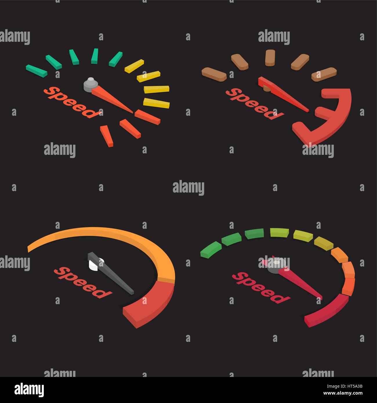 Set of four isometric speedometer scale. Concept of speed and acceleration. Vector element of graphic design Stock Vector