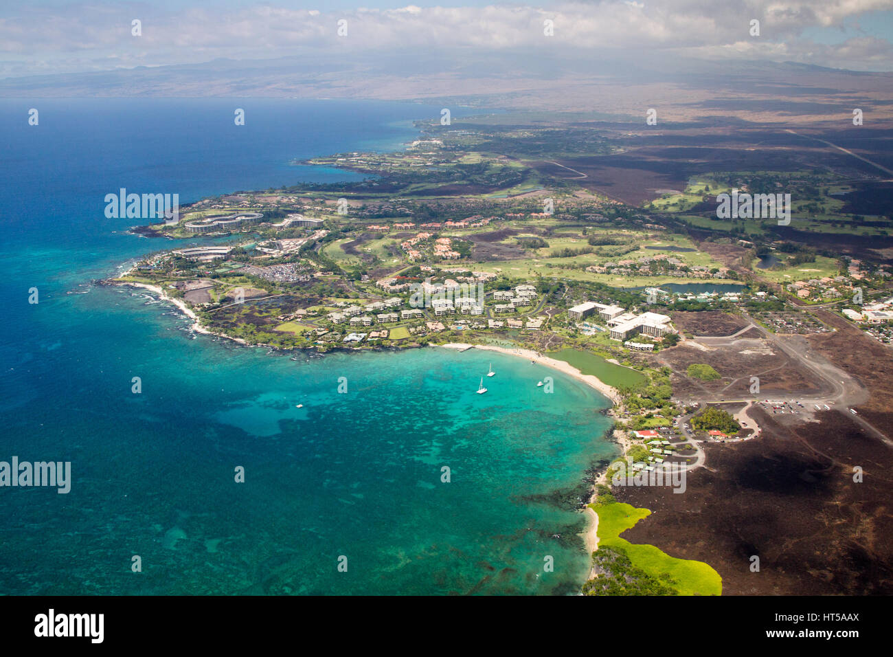 Aerial view of the luxury resort Waikoloa Beach Marriott Resort on the west coast of Big Island, Hawaii, USA. Stock Photo