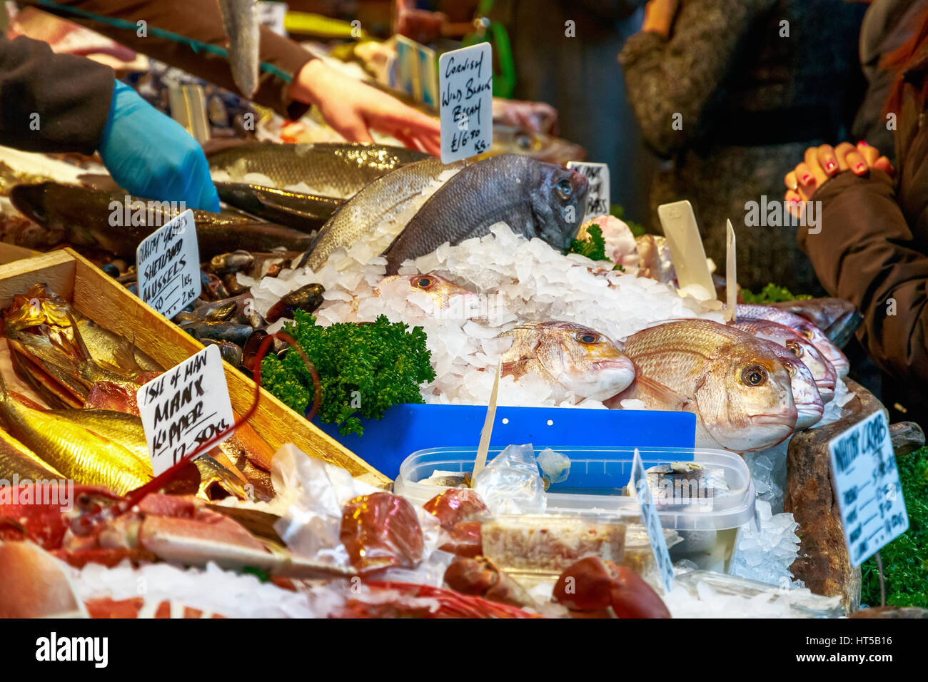 Fresh fish and other seafood on display at Borough Market in London