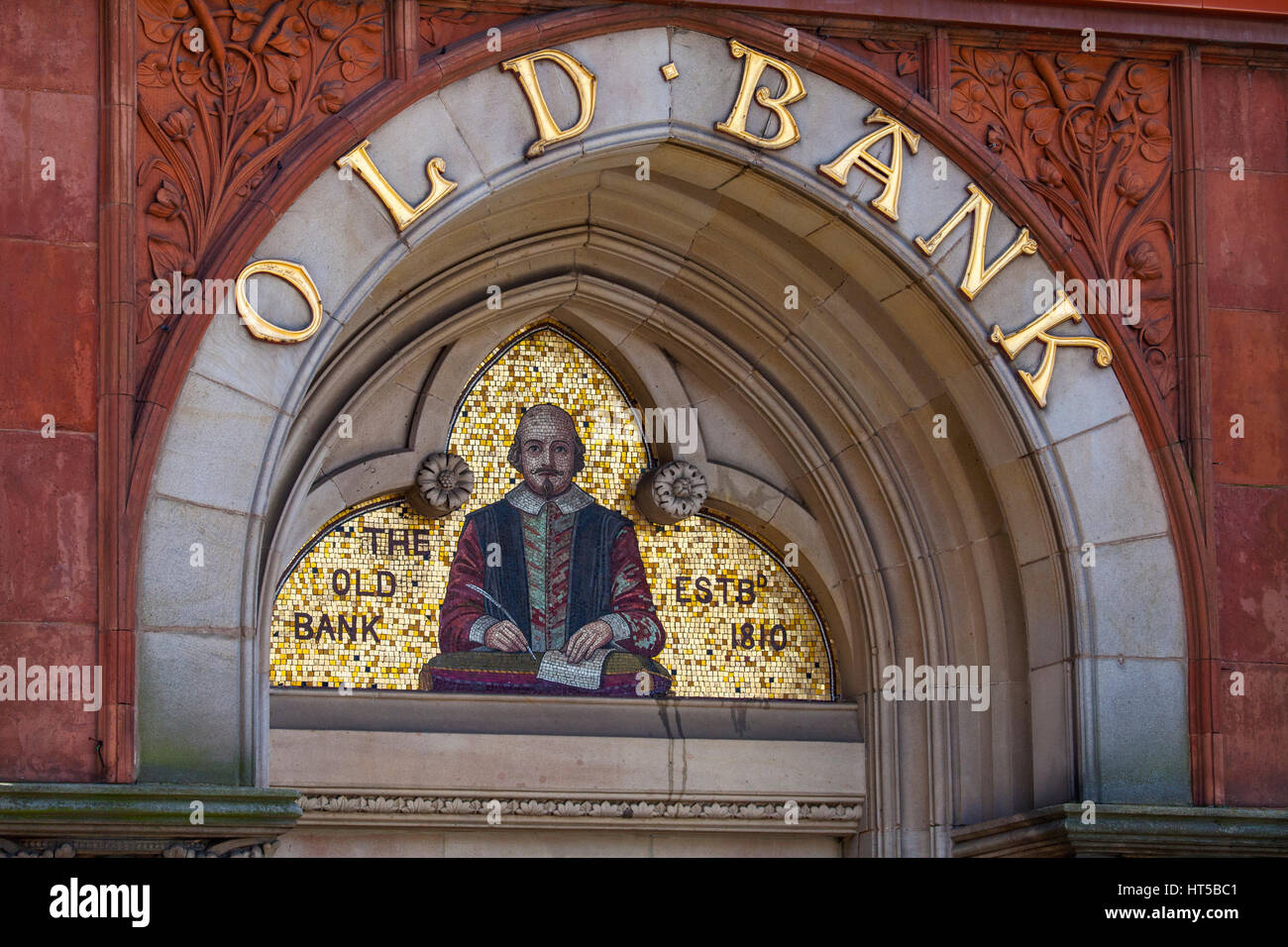 A mosaic of famous playwright and poet William Shakespeare above the entrance to the Old Bank building in Stratford-Upon-Avon, in the UK. Stock Photo