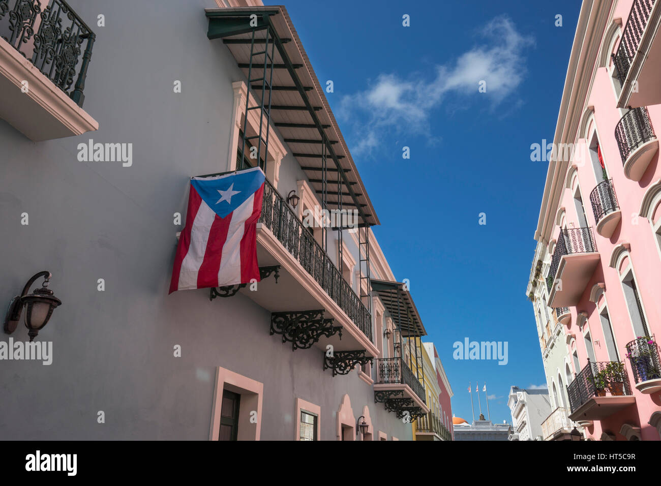 PUERTO RICAN FLAG CALLE FORTELEZA OLD TOWN SAN JUAN PUERTO RICO Stock Photo