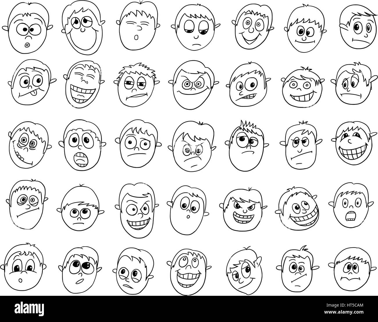 Set of vector hand drawn male or boy faces with different facial expression Stock Vector
