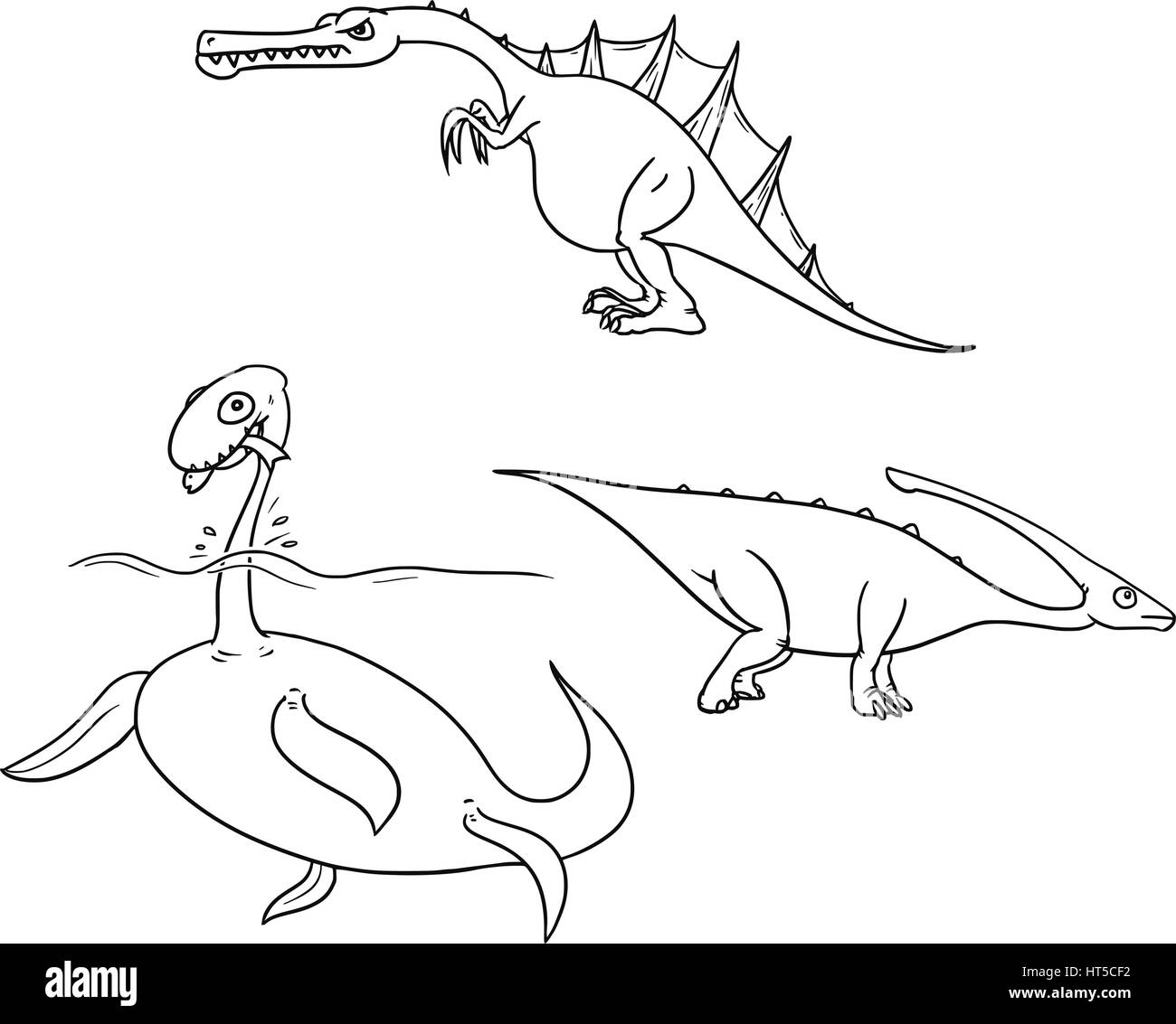 Vector Cartoon Set 02 of ancient dinosaur monster - plesiosaurs,Charonosaurus/Parasaurolophus,Spinosaurus Stock Vector