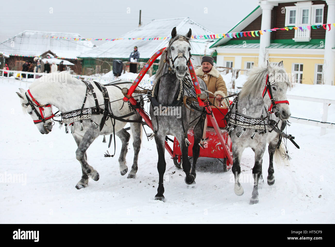 Russian Troika pulled by trotters on the run during a snowfall Stock Photo