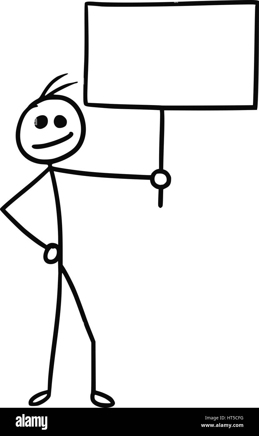 Cartoon vector doodle stickman holding empty sign for your text Stock Vector