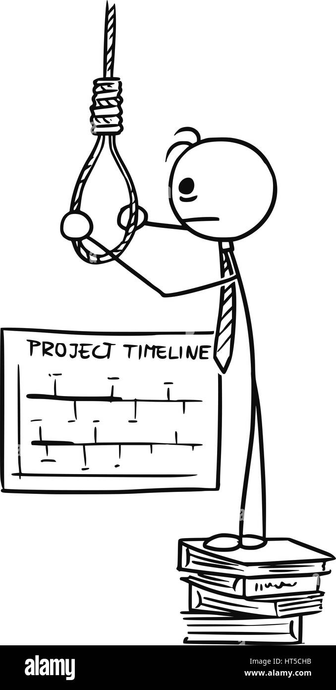Cartoon vector doodle stickman preparing the rope for hanging suicide becauseof  tight working deadline Stock Vector