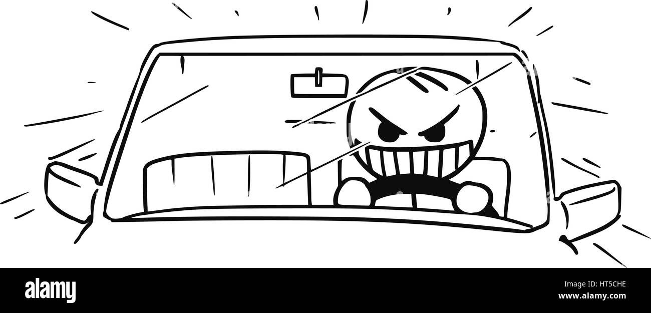 Cartoon vector stickman of mad crazy raging man driving a car fast Stock Vector