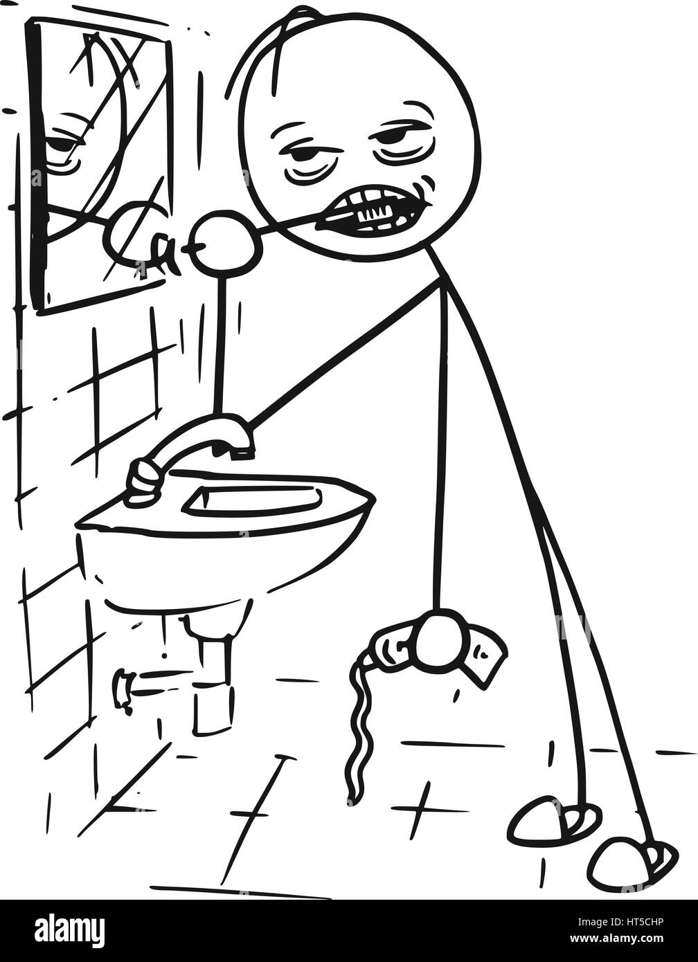 Cartoon vector stickman cleaning his tooth in the bathroom in front of the mirror. Very tired or sick or drunk. Stock Vector