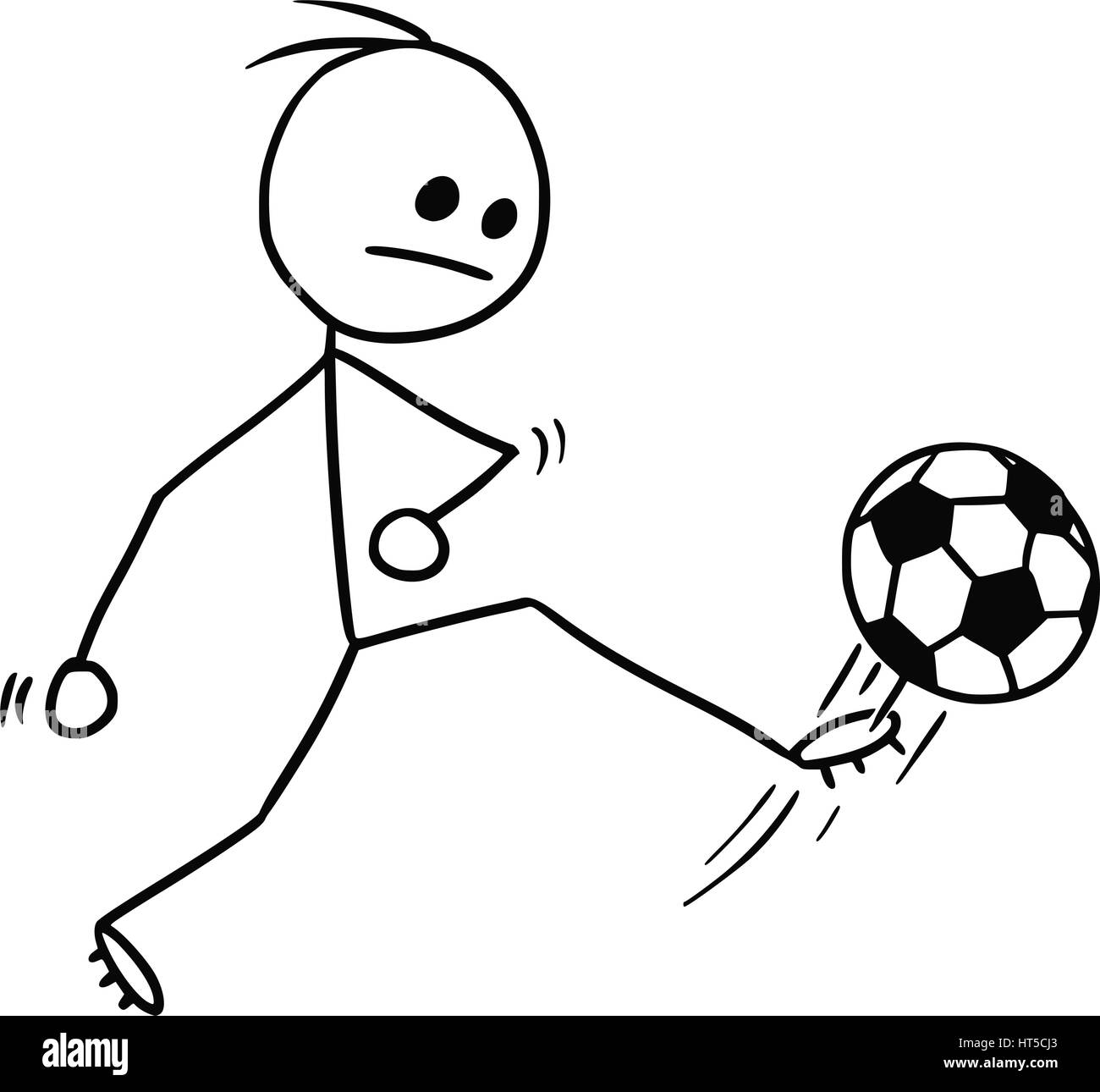 Cartoon vector stickman soccer football player kicking the ball, shot on goal or pass Stock Vector