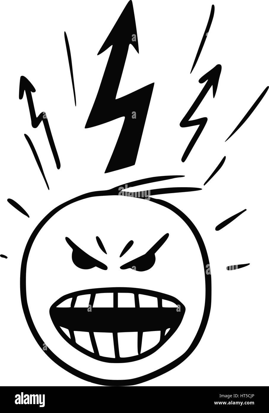 Cartoon vector stickman of head in burst of anger , blow-up, with lightning marks above the head Stock Vector