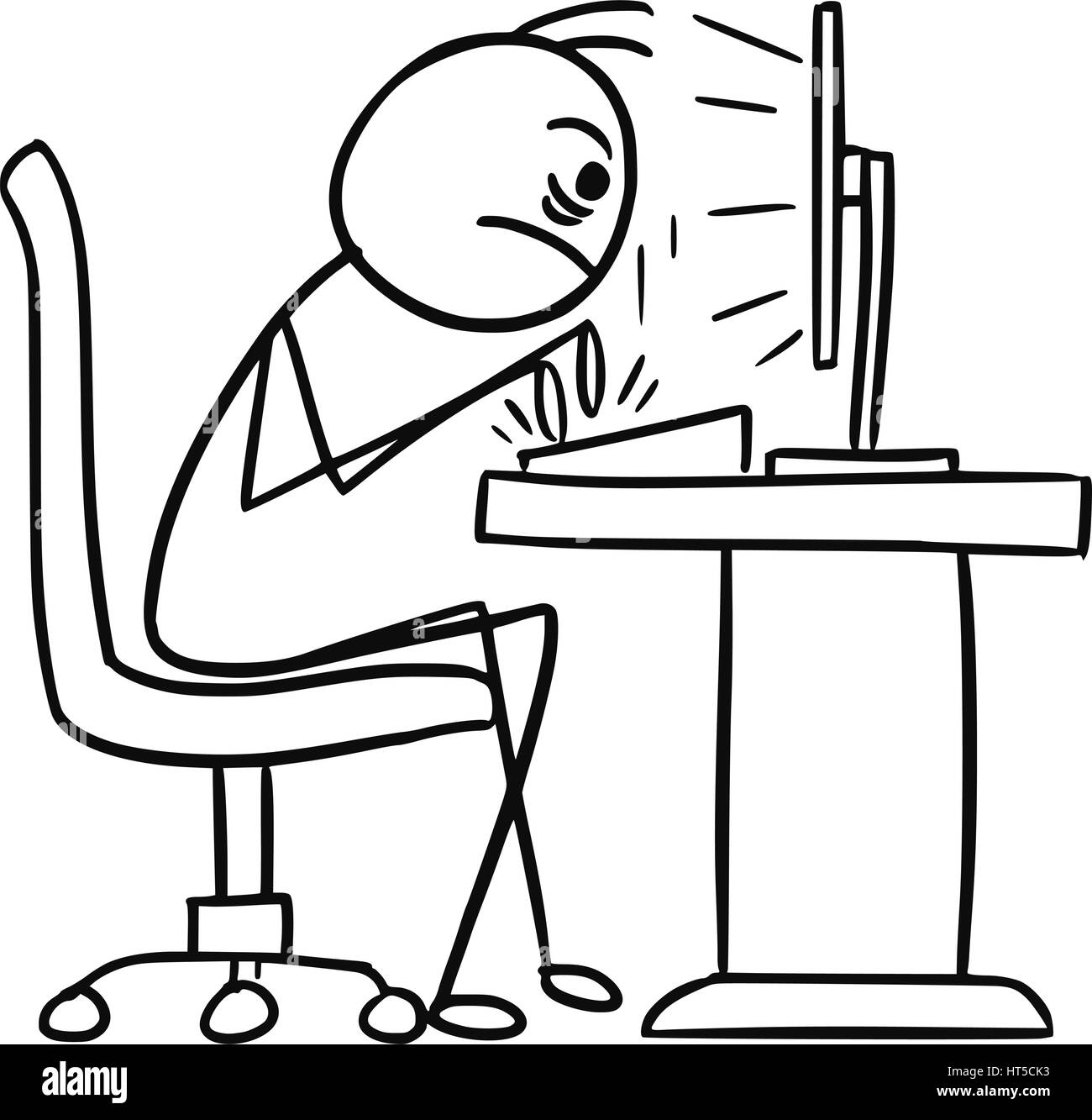 Cartoon vector doodle stickman sitting in front of the computer and writing fast and aggressively on the keyboard Stock Vector