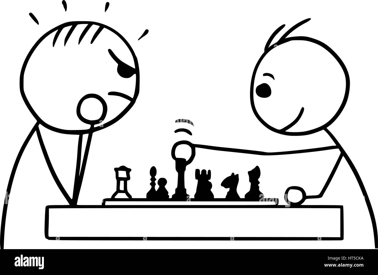 Cartoon vector stickman two man playing a game of chess; one winning game and smiling, other loosing angry Stock Vector