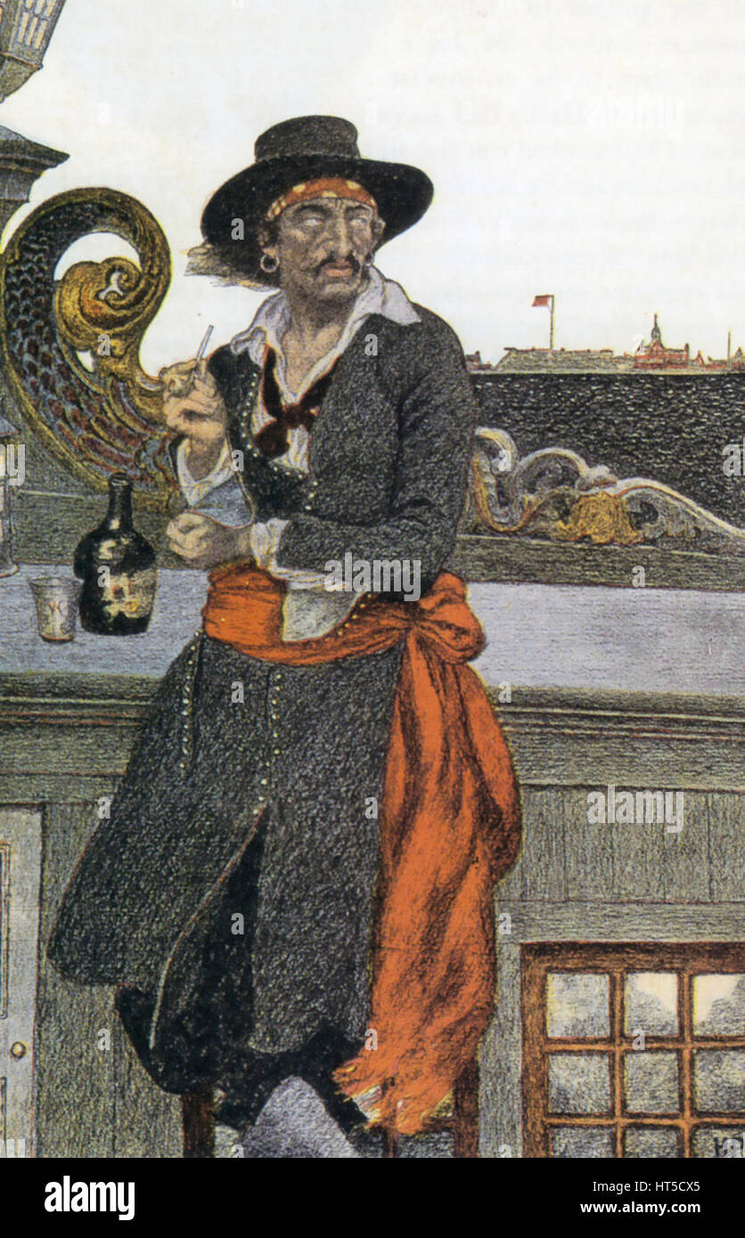 CAPTAIN WILLIAM KIDD (c 1654-1701) Scottish sailor and pirate with his ship the Adventure Galley moored in New York Harbour in a 1911 book illustration by Howard Pyle. Stock Photo