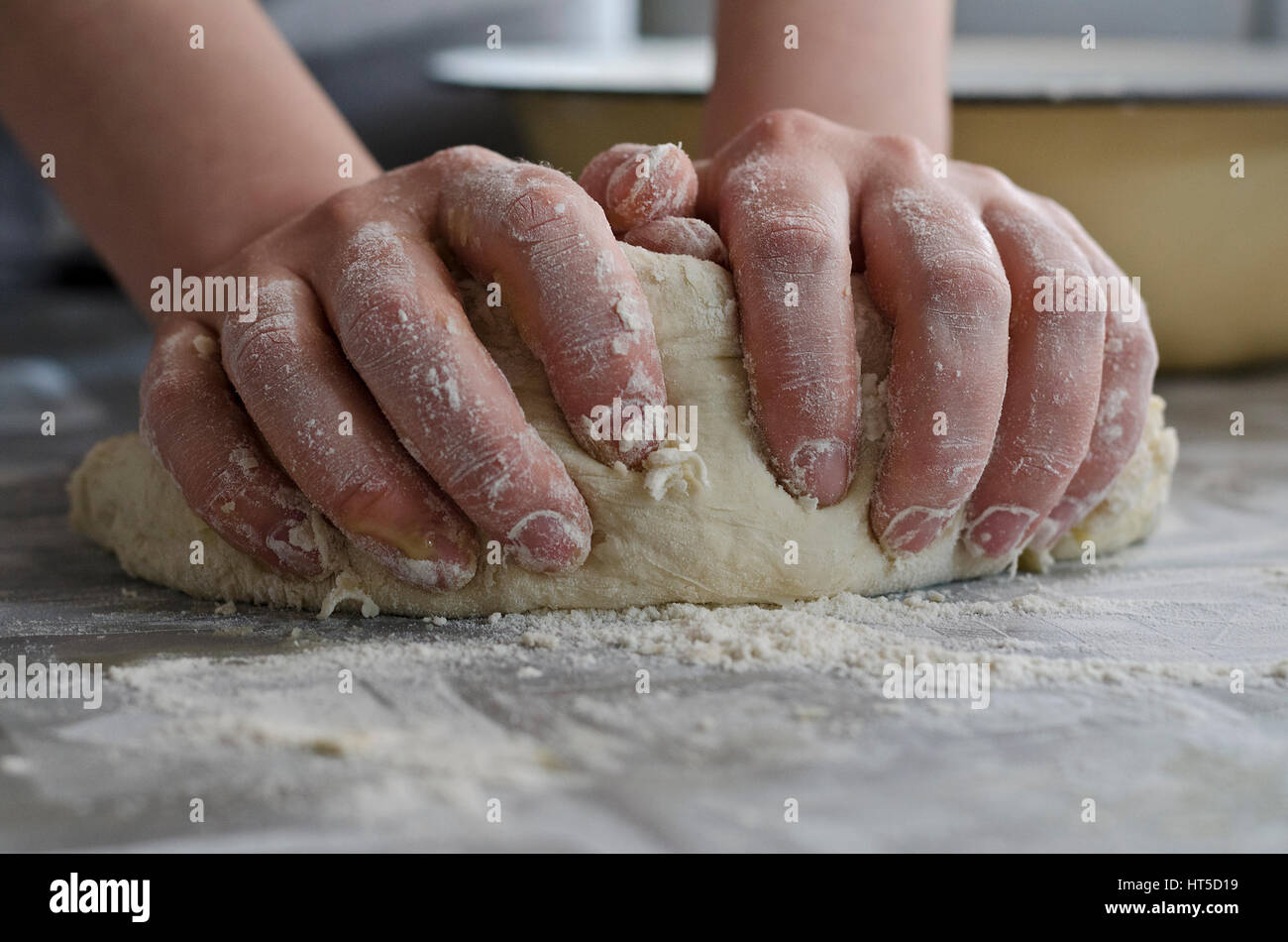 Female hands in flour closeup kneading dough Stock Photo - Alamy