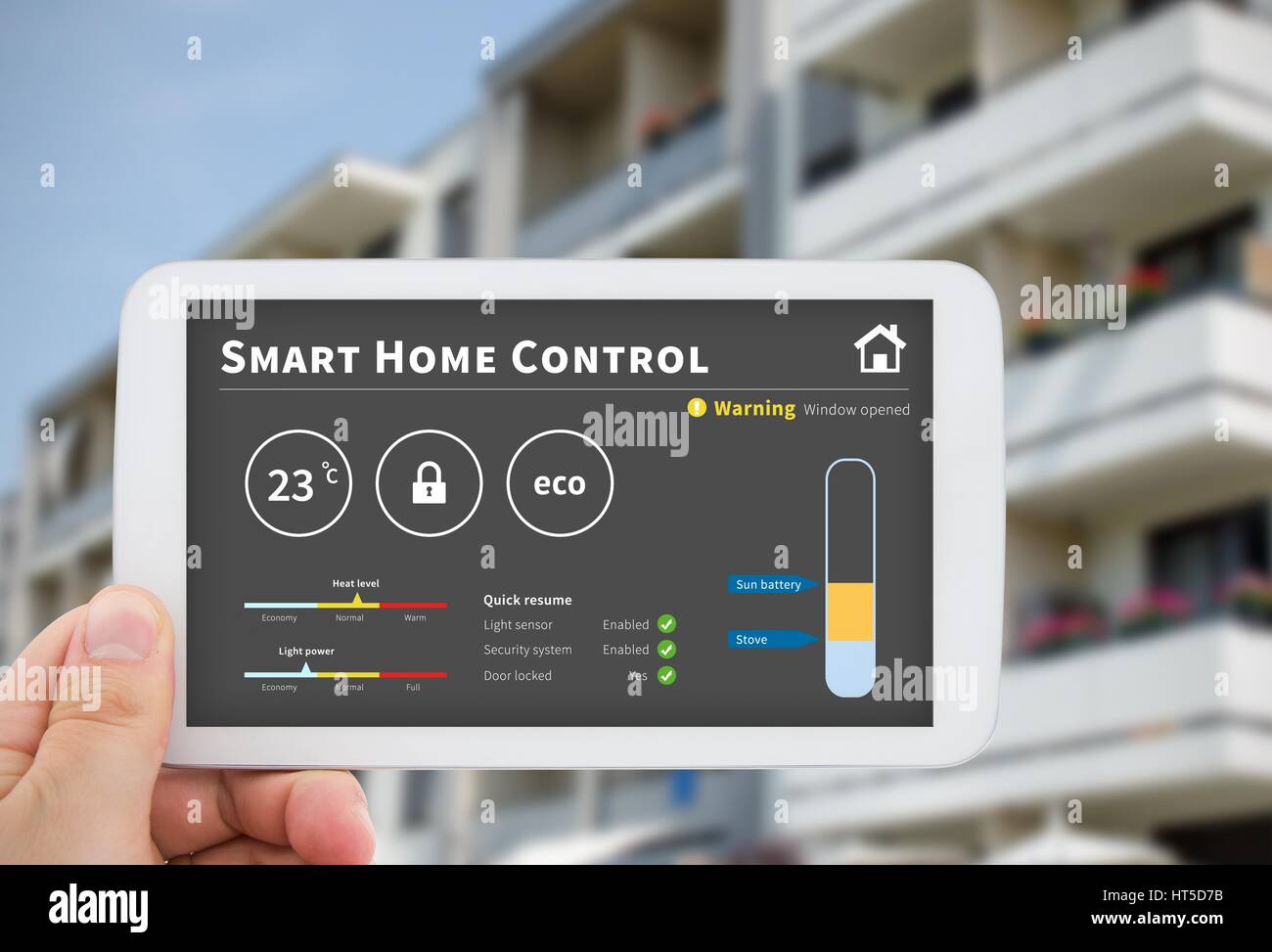 Intelligence home control technology. Remote automation system on mobile device. Eco and security solution Stock Photo