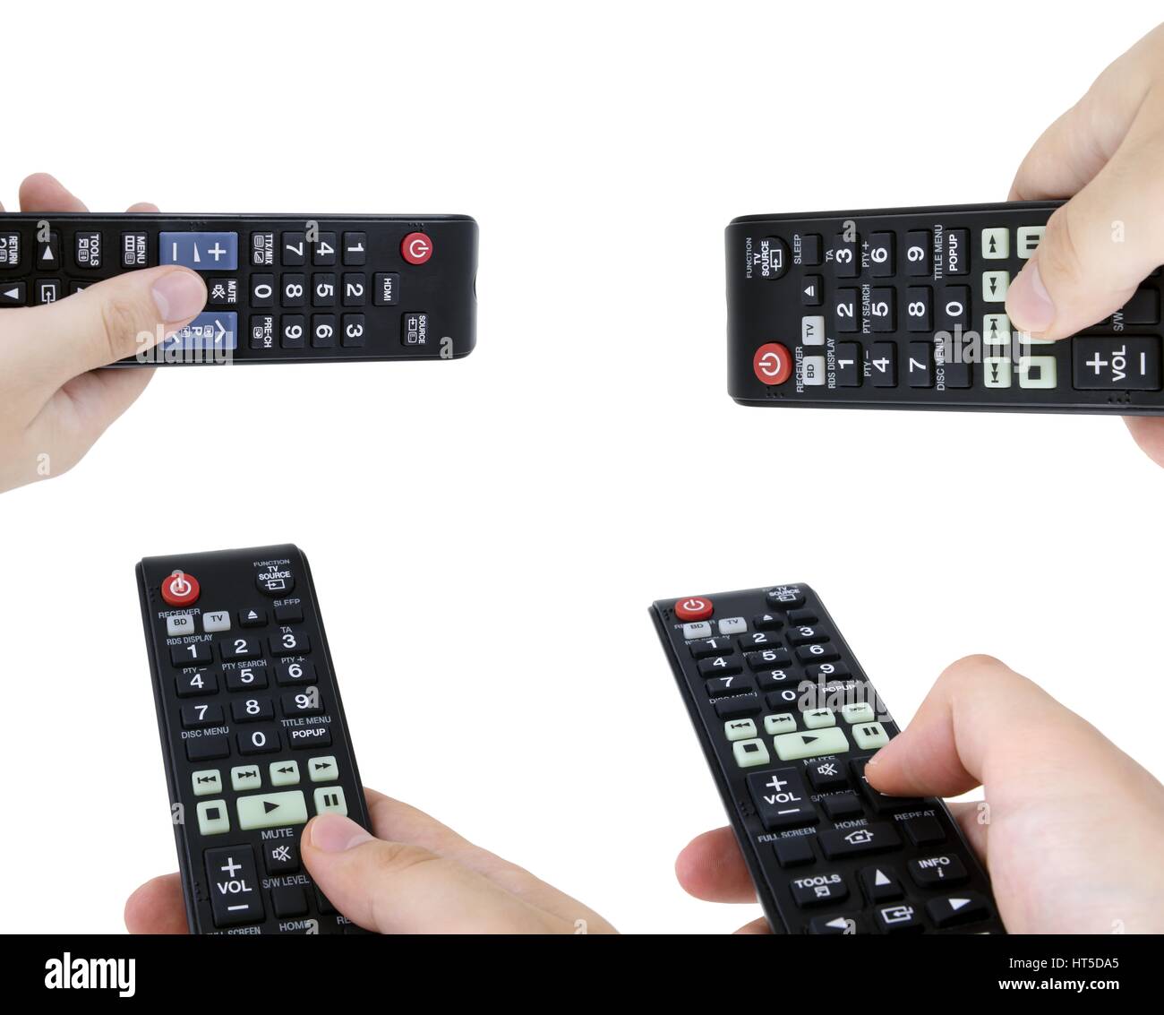 TV remote control set isolated on white background Stock Photo
