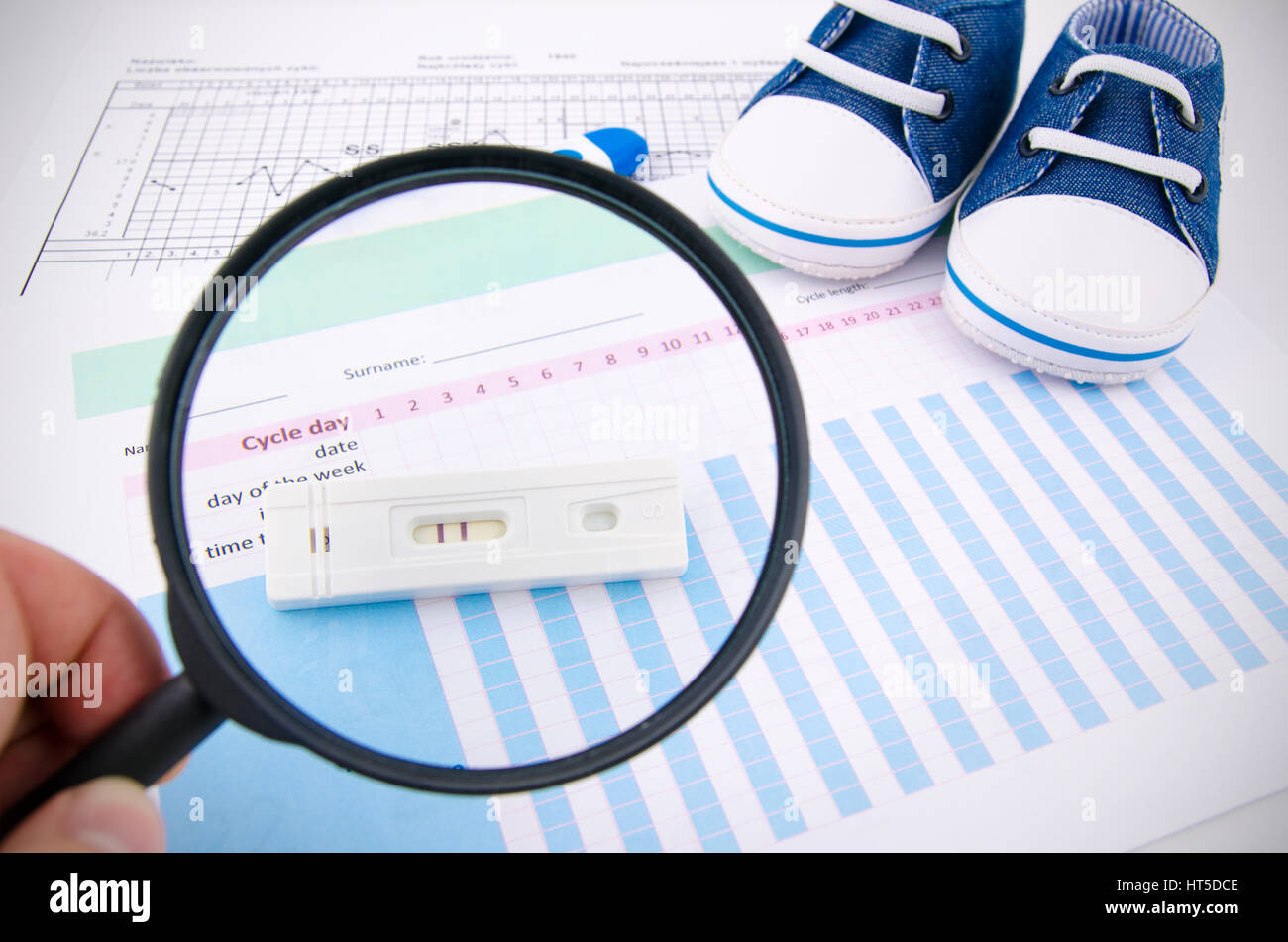 Pregnancy test on fertility chart. Magnify concept Stock Photo