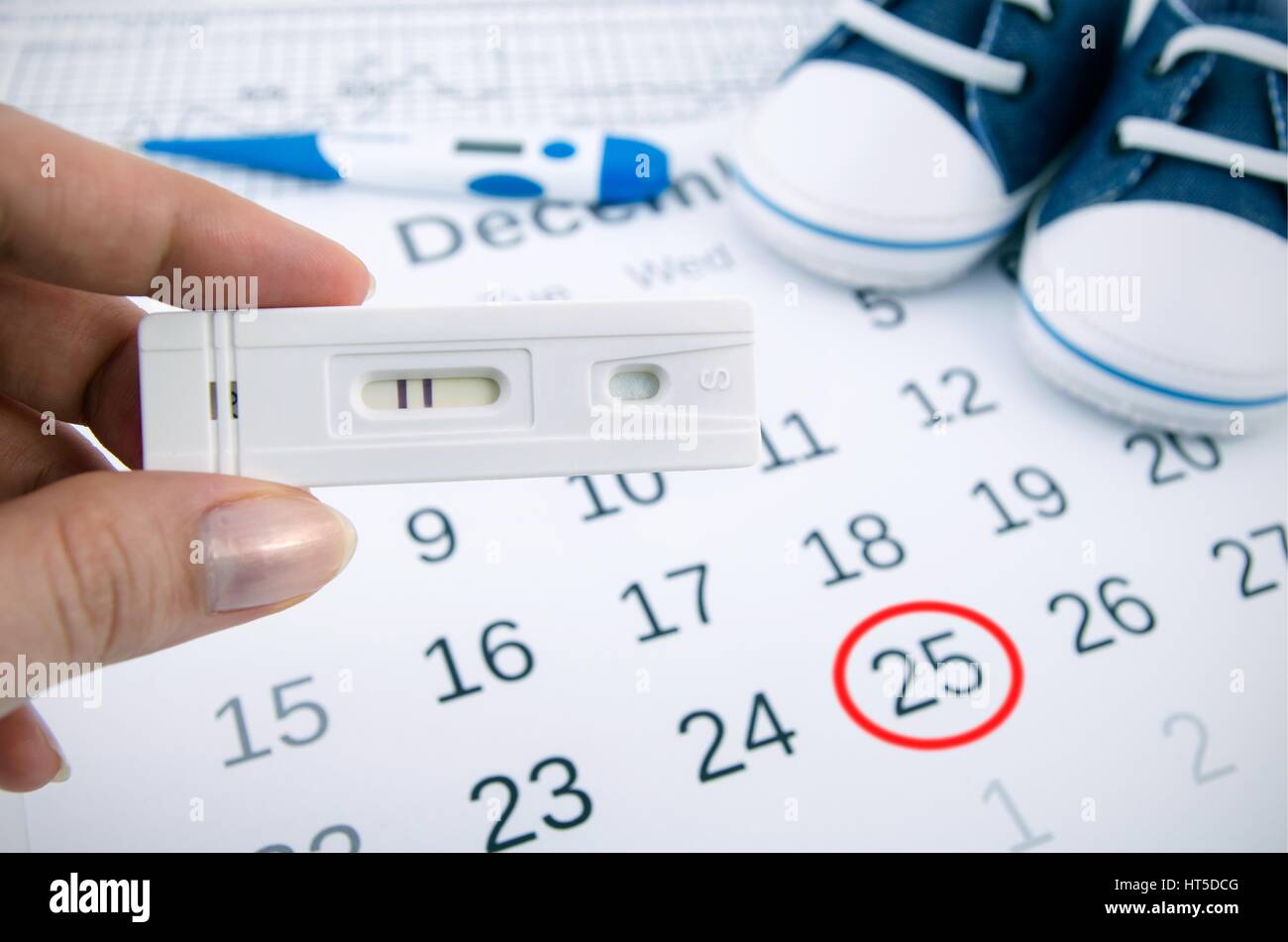 Positive pregnancy test on calendar with date of birth Stock Photo