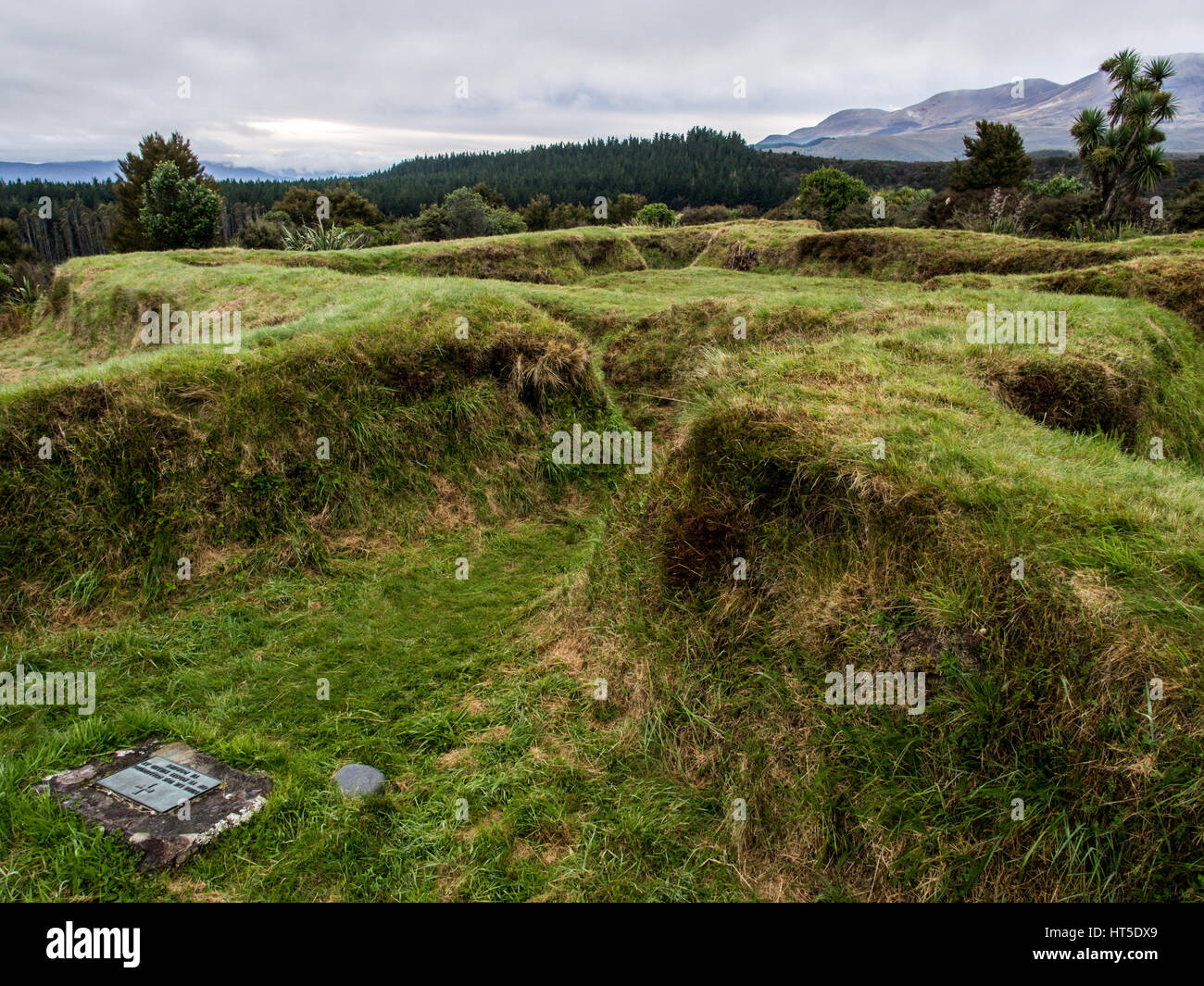 Te Porere, the earthworks of the upper redoubt, autumn. Memorial plaque ...