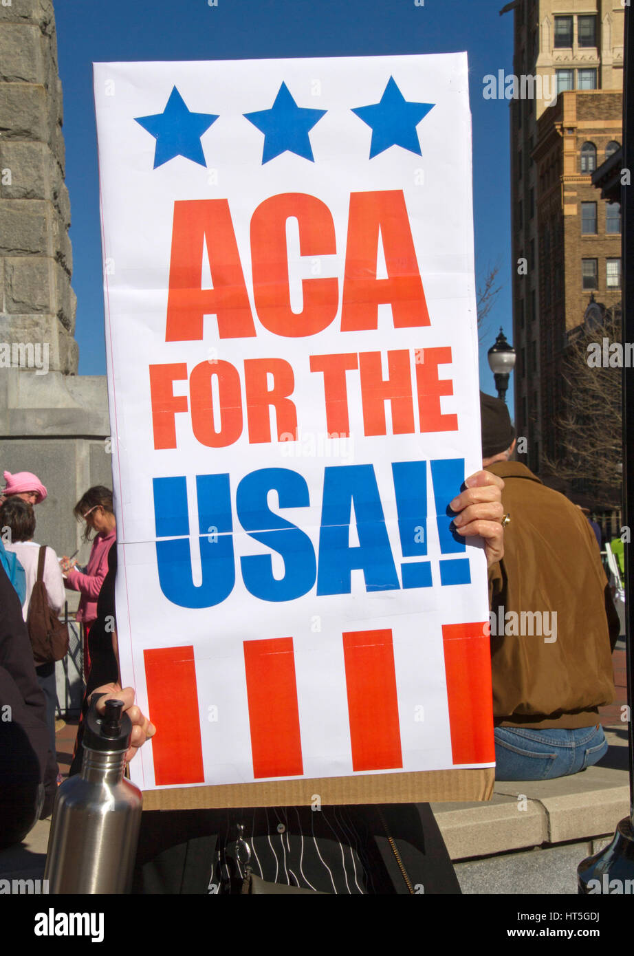 Asheville, North Carolina, USA - February 25, 2017:  Close up of an activist sign saying 'ACA For the USA!' at an Affordable Care Act (ACA) demonstrat Stock Photo
