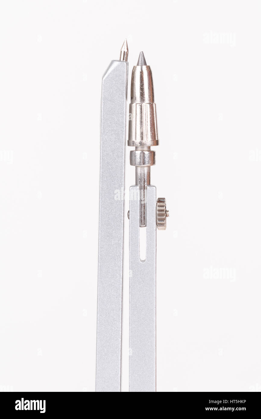 Close up detailed view of iron compasses, isolated on white background ...