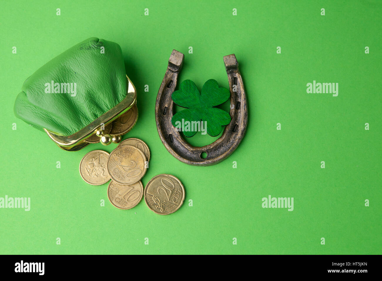 St. Patricks day lucky charms. Horesechoe and shamrock Stock Photo