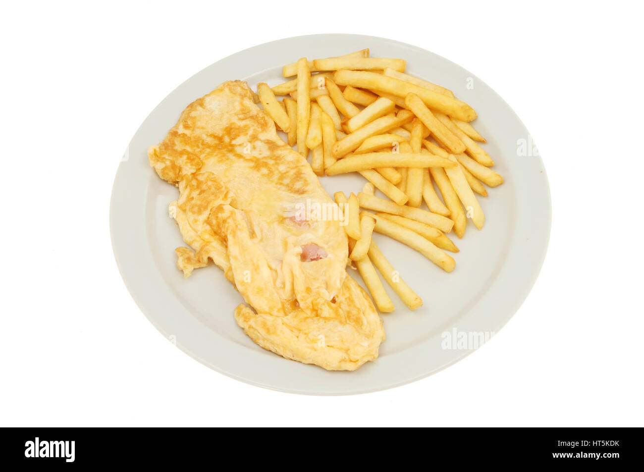 Omelette and French fries on a plate isolated against white Stock Photo