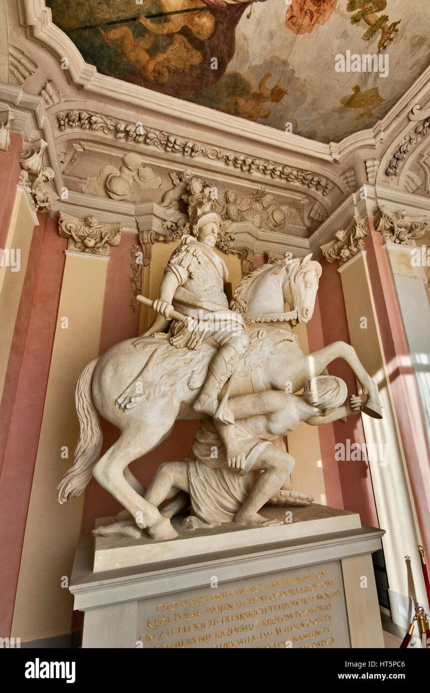 Allegoric equestrian statue of King Jan III Sobieski crushing Turkish invaders in Battle of Vienna in 1683, Wilanów Palace in Warsaw, Poland Stock Photo