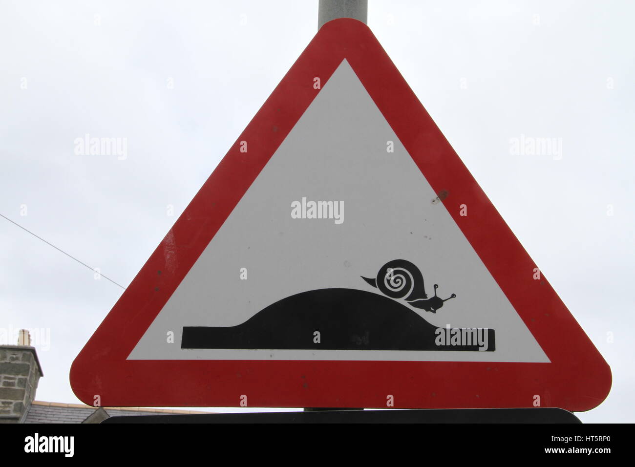 Unusual road traffic sign spotted in Lerwick, Shetland, UK (beware bumps - with snail inhabitants - or proceed at snail speed) Stock Photo