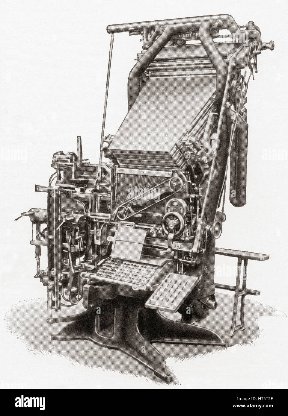 A linotype machine, a line casting machine used in printing.   From Meyers Lexicon, published 1927. Stock Photo