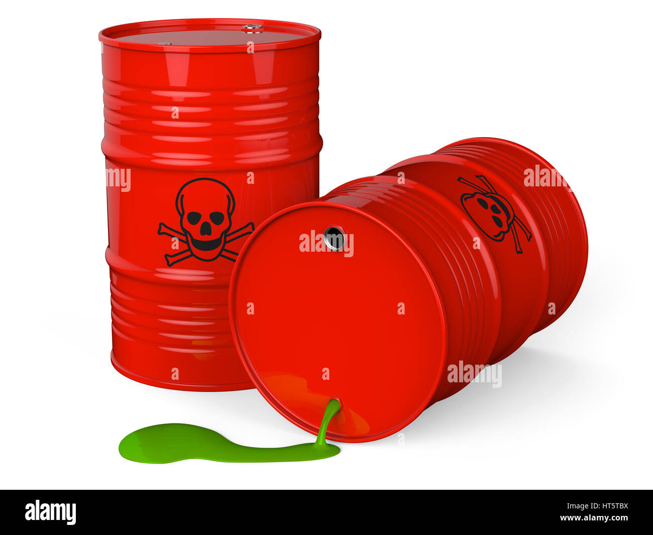 Spilled red barrels with toxic waste isolated on white background 3D rendering Stock Photo