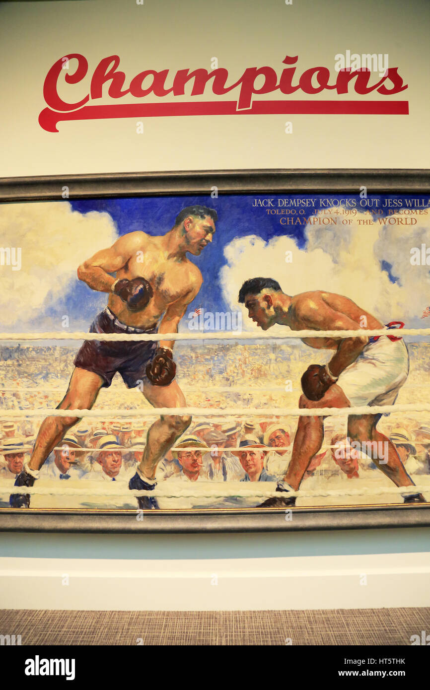 Oil painting of Dempsey-Willard Fight by James Montgomery Flagg display in National Portrait Gallery.Washington D.C.USA Stock Photo