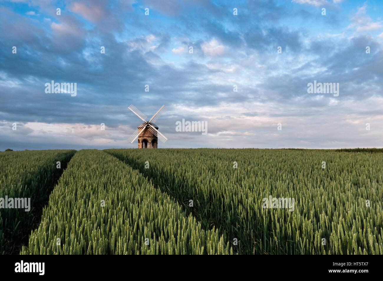 Chesterton Windmill in Summer with green wheat field in foreground, Warwickshire, United Kingdom Stock Photo