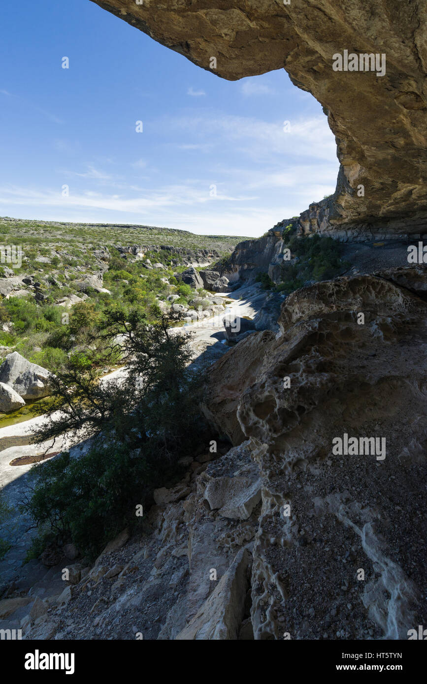 View from Fate Bell shelter canyon of the seasonal river and arid landscape of Seminole Canyon, Texas, USA Stock Photo