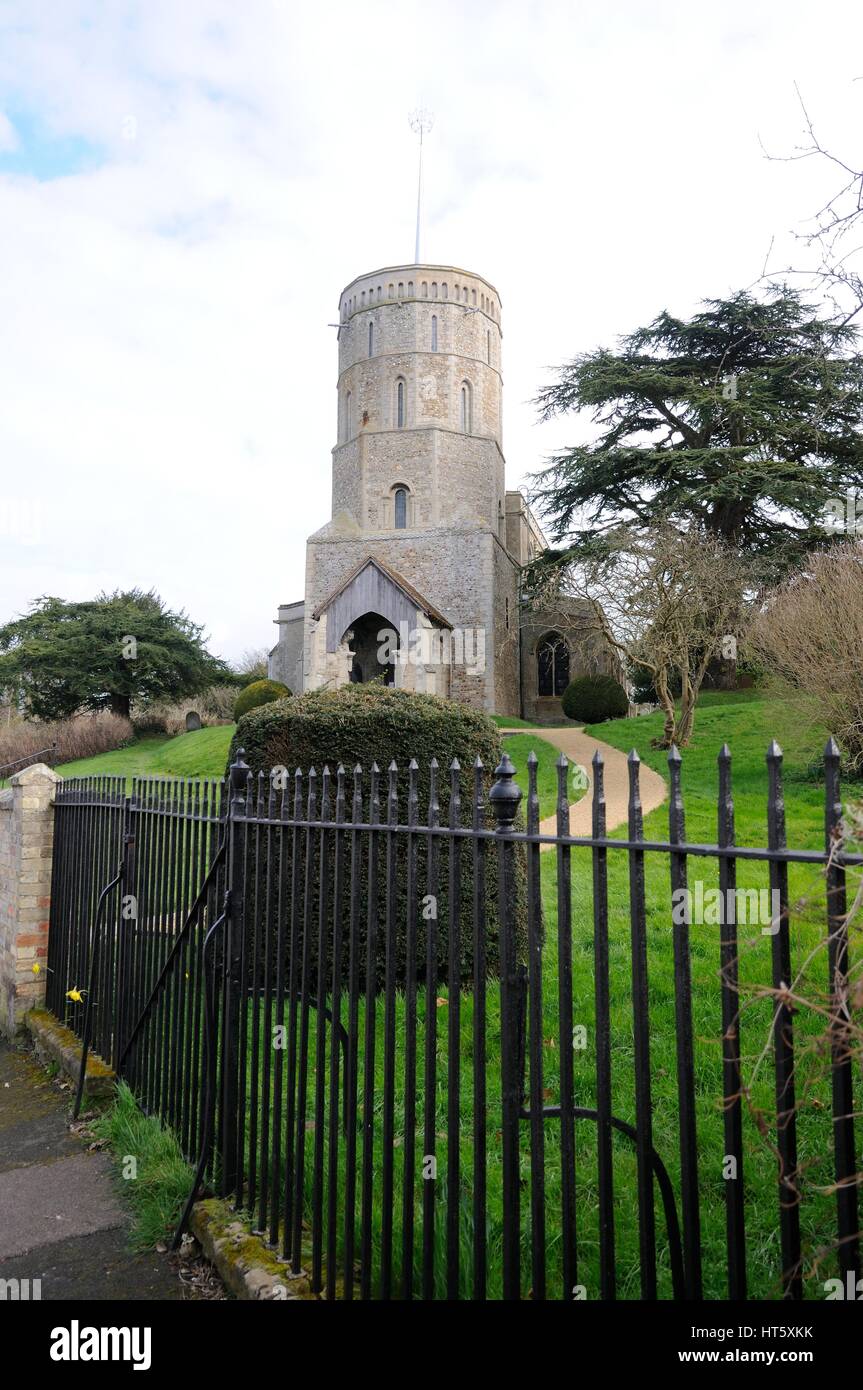 St Marys Church, Swaffham Prior, Cambridgeshire, was built on the site of an earlier Saxon church. St Mary’s tower has a Norman lower part Stock Photo