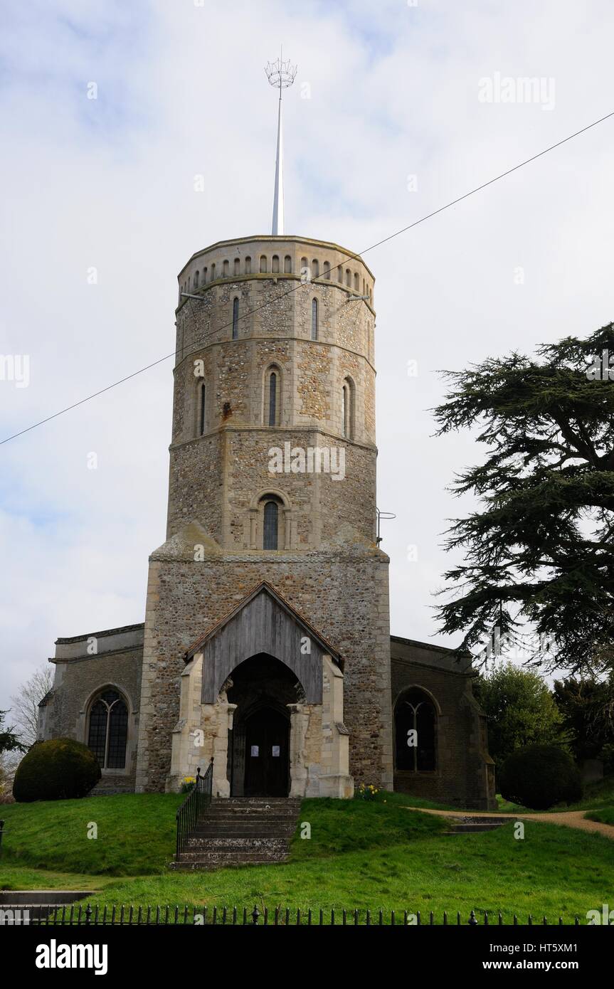 St Marys Church, Swaffham Prior, Cambridgeshire, was built on the site of an earlier Saxon church. St Mary’s tower has a Norman lower part Stock Photo