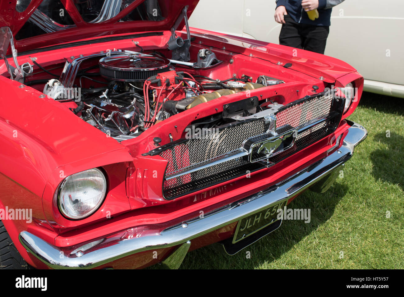 MANCHESTER, UNITED KINGDOM - JULY 11, 2015: 1971 Red Ford Mustang classic car engine. July 2015. Stock Photo