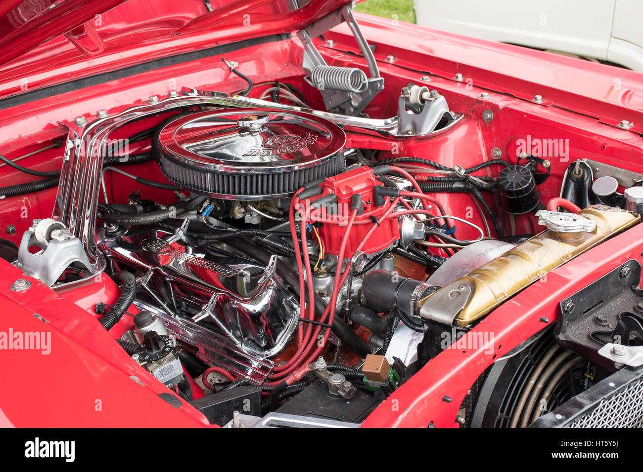 MANCHESTER, UNITED KINGDOM - JULY 11, 2015: 1971 Red Ford Mustang classic car engine. July 2015. Stock Photo