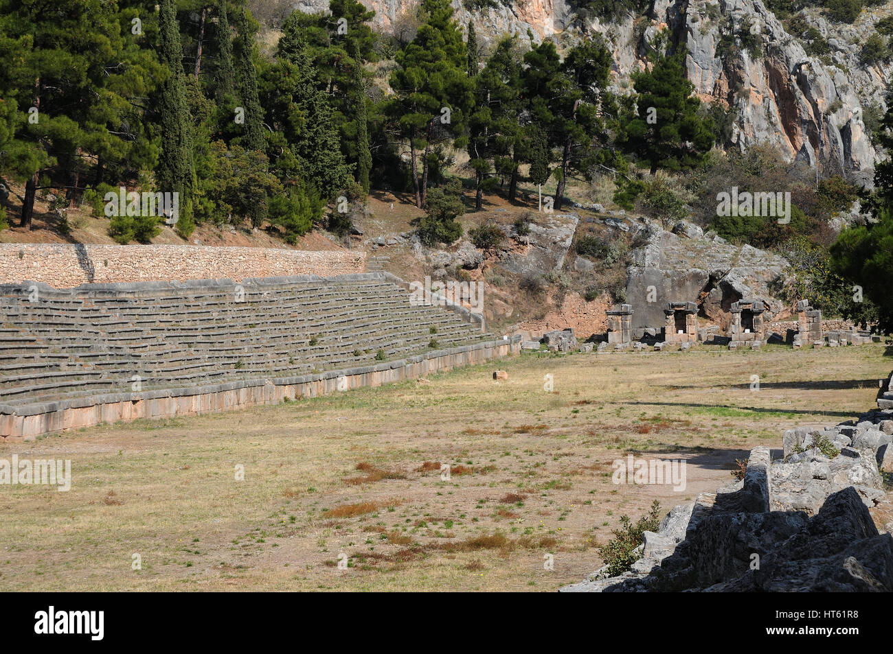 Ancient stadium at Delfi archaeological site in Greece Stock Photo