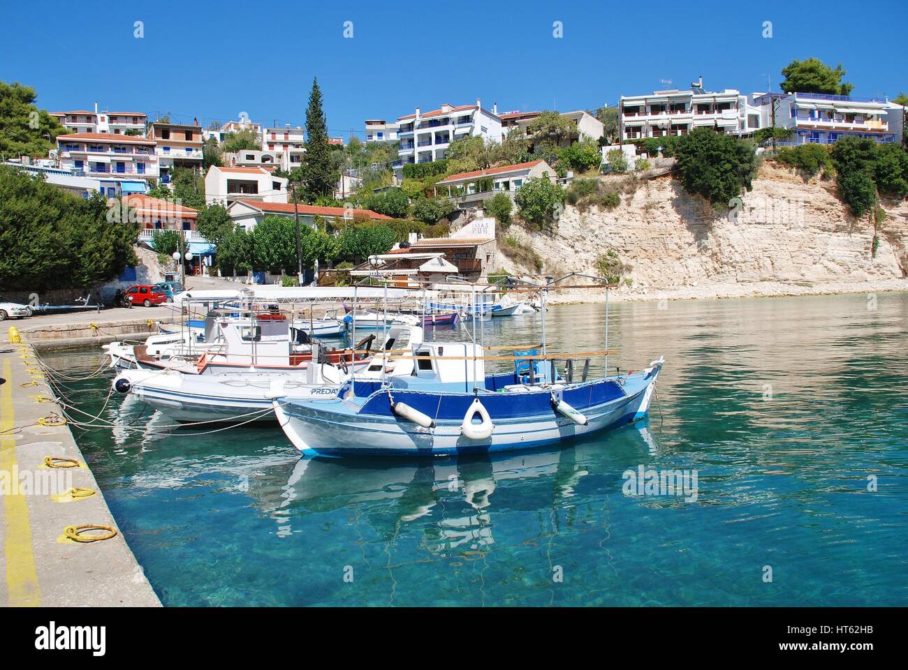 Small boats moored in the harbour at Votsi on the Greek island of Alonissos. Stock Photo