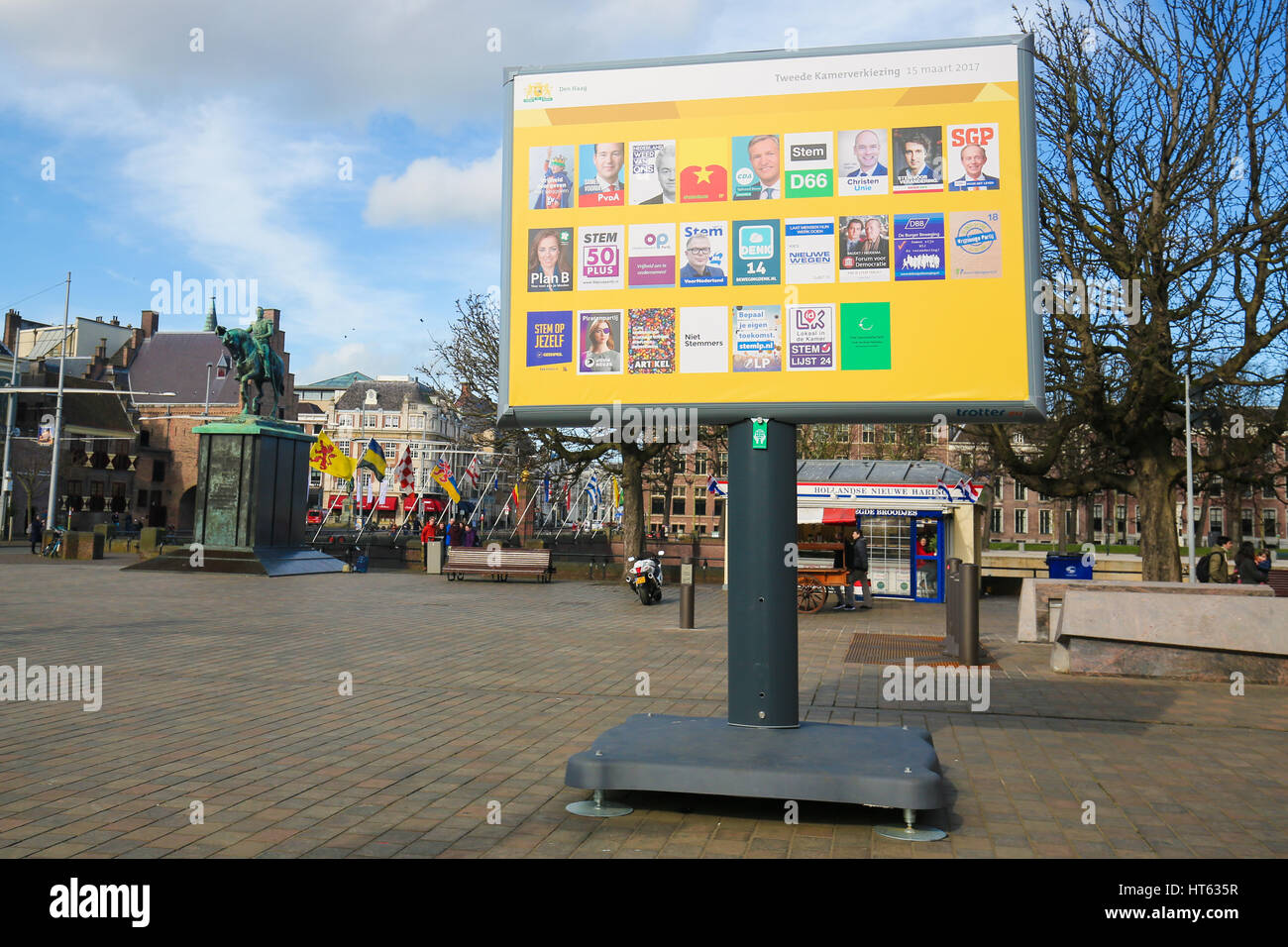 Board with the election posters of all Dutch political parties at the Binnenhof in The Hague, the Netherlands Stock Photo