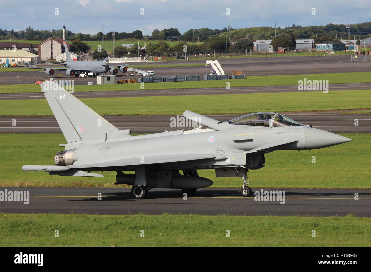 ZK352, a Eurofighter Typhoon FGR.4 operated by the Royal Air Force (RAF), at Prestwick International Airport in Ayrshire. Stock Photo