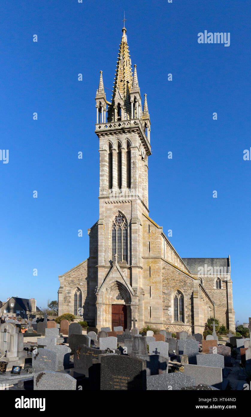 The Parish Church of Notre-Dame de Plouguiel, France was built between 1869-1871. The architect was Alphonse Guepin and the church was built by Louis  Stock Photo
