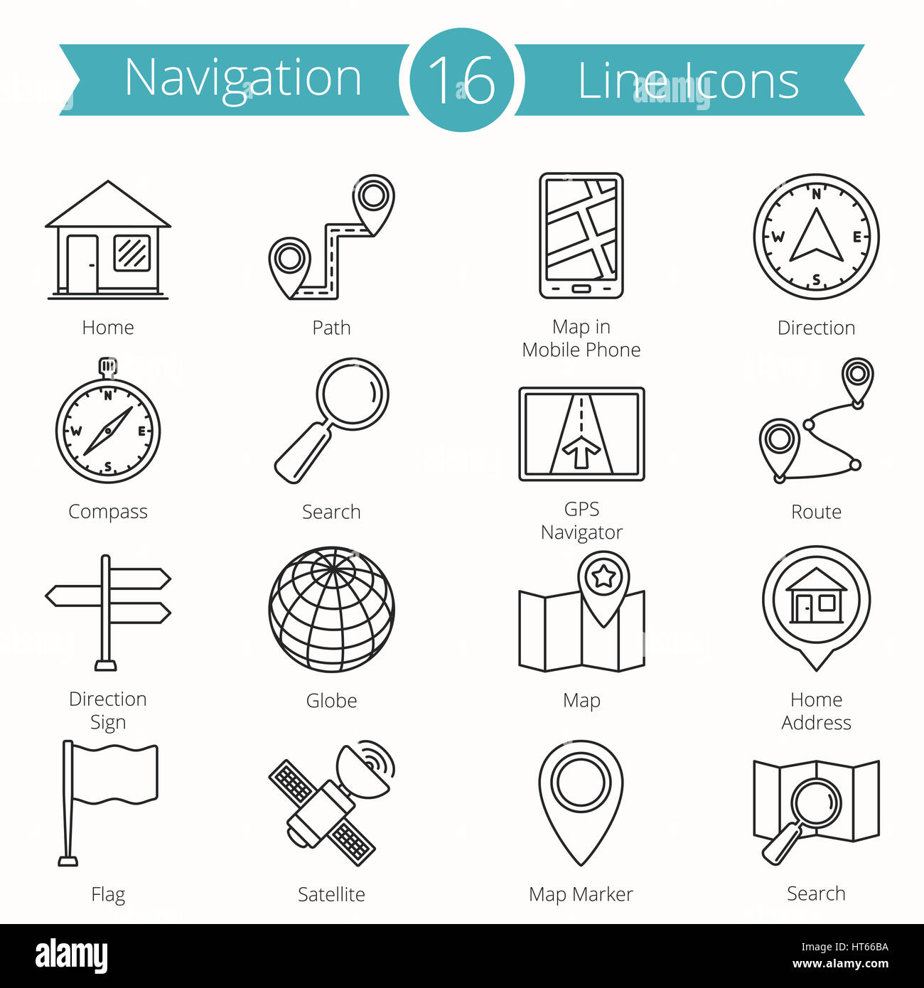Set of 16 navigation line icons Stock Photo - Alamy